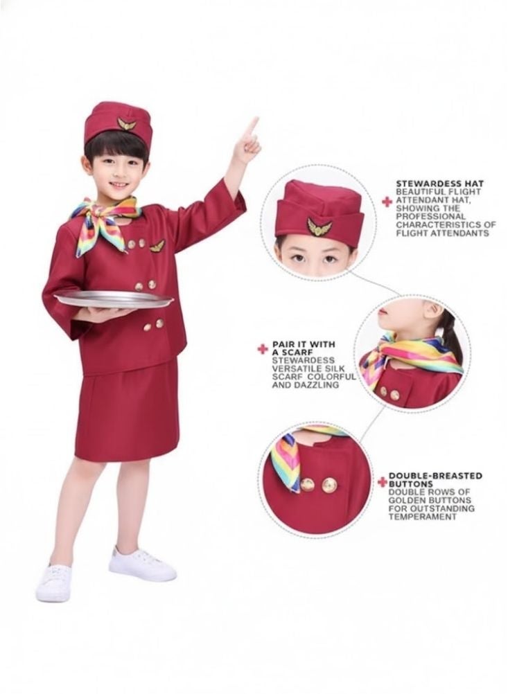 بريميم طقم زي مضيفة طيران للأطفال – زي طاقم الطائرة مع قبعة ووشاح - Image 4